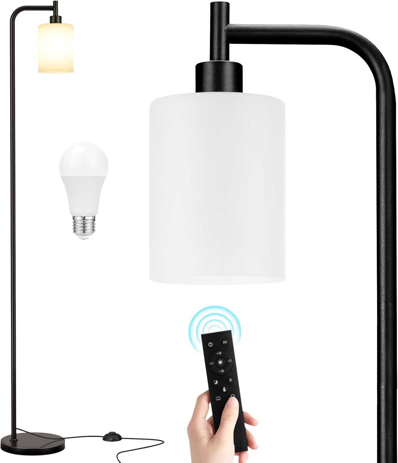 Industrial Floor Lamp with Glass Shade - Black, LED Bulbs