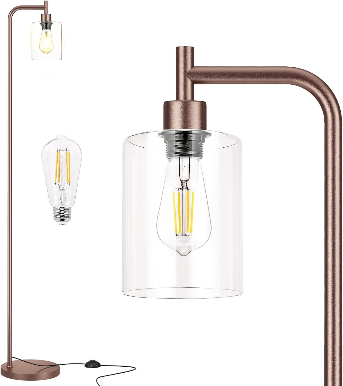 Industrial Floor Lamp with Glass Shade - Black, LED Bulbs