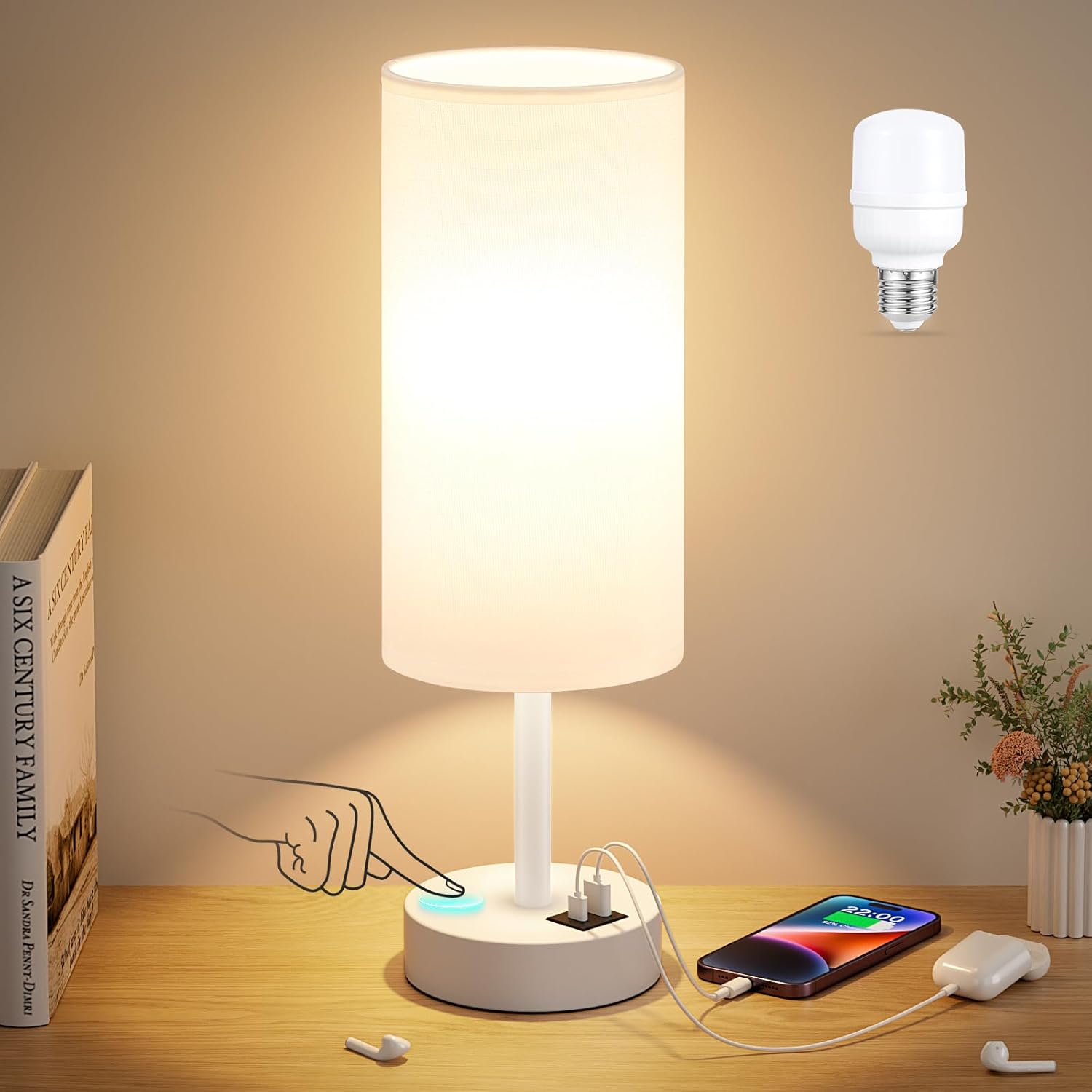 Touch Bedside Table Lamp with USB - 3 Way Dimmable Wood Lamp for Bedroom Nightstand