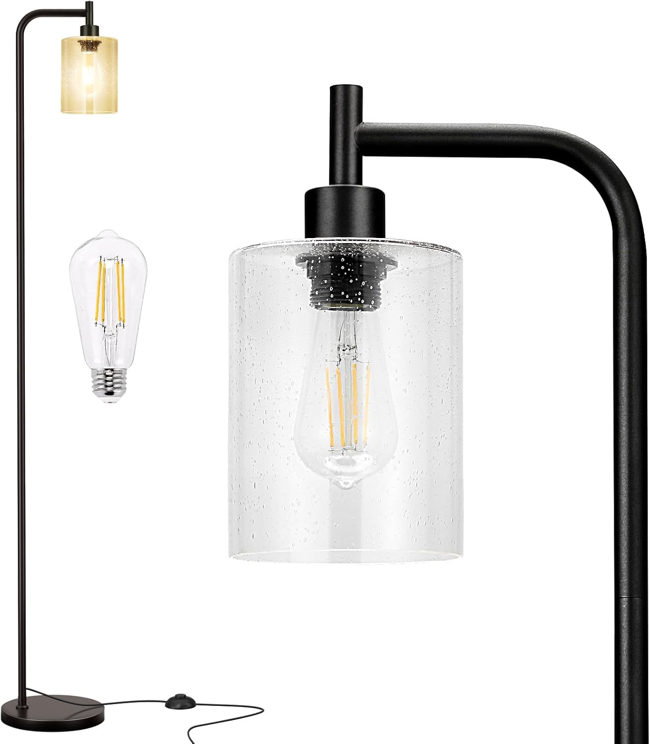 Industrial Floor Lamp with Glass Shade - Black, LED Bulbs