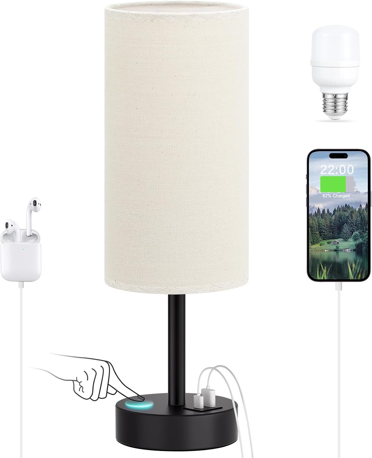 Touch Bedside Table Lamp with USB - 3 Way Dimmable Wood Lamp for Bedroom Nightstand
